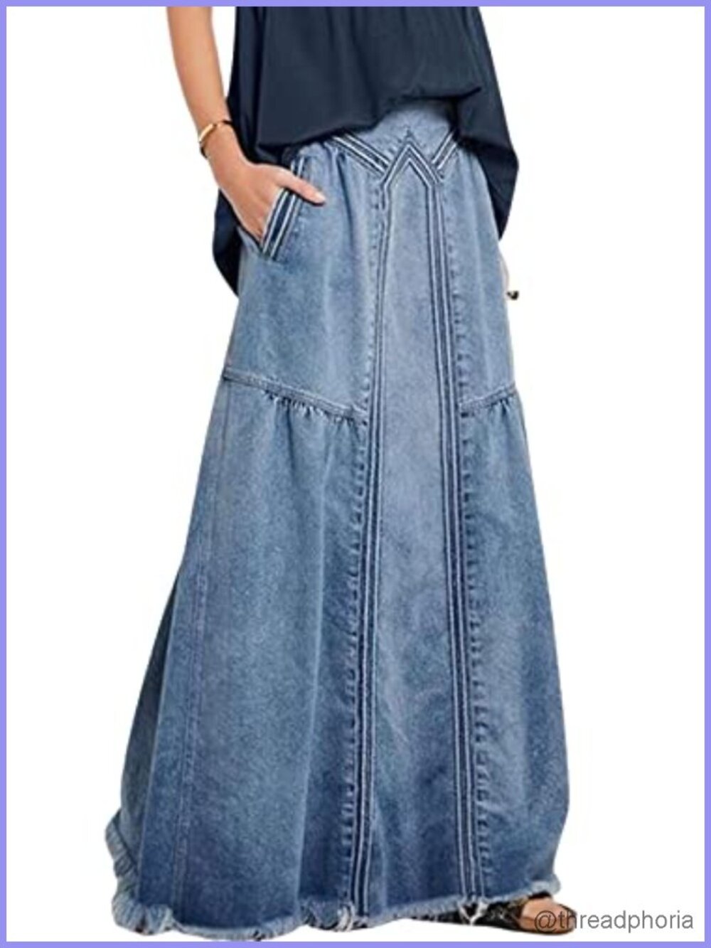 Women's Vintage Frayed Hem A Line Long Maxi Denim Skirt Distressed High Waist
